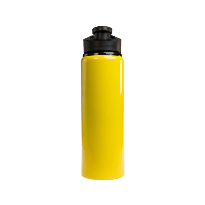A drink bottle in bright yellow with a black free flow lid, featuring a sleek, glossy finish.