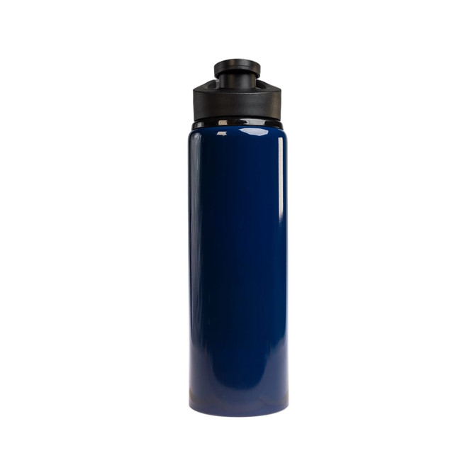 A drink bottle in navy blue, featuring a black free flow lid and a sleek design.