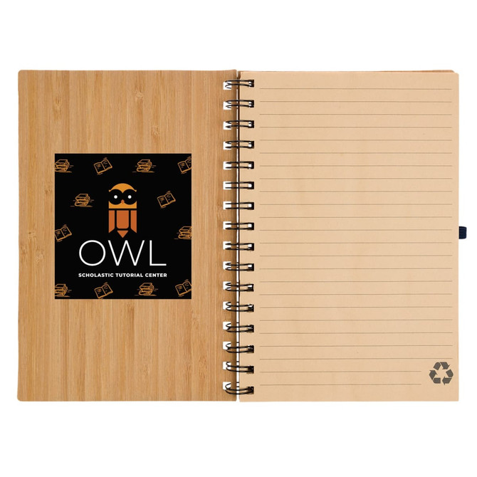 A spiral-bound A5 notebook with a bamboo cover, featuring an interior page with lined sections and a logo.