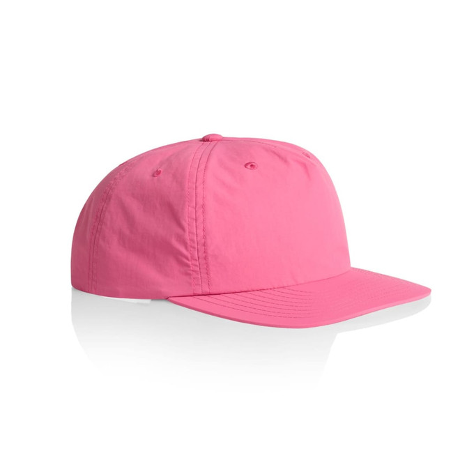 A pink cap with a curved brim, featuring a logo on the front. The cap has a smooth fabric texture.