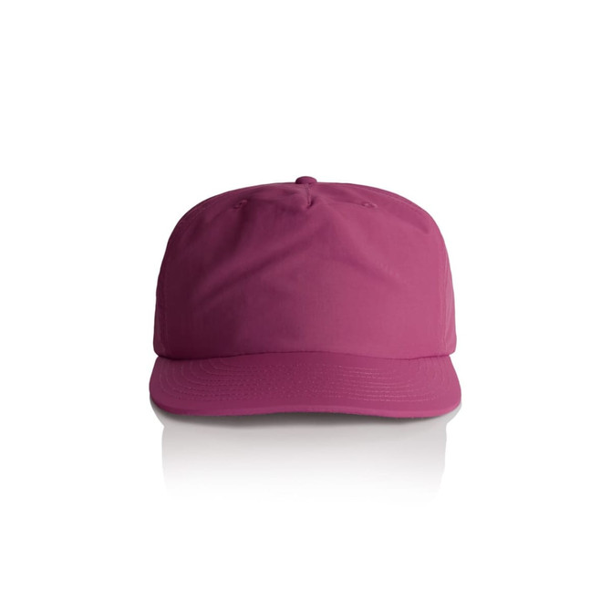 A pink cap with a curved brim and a logo on the front. The cap features a smooth fabric design.