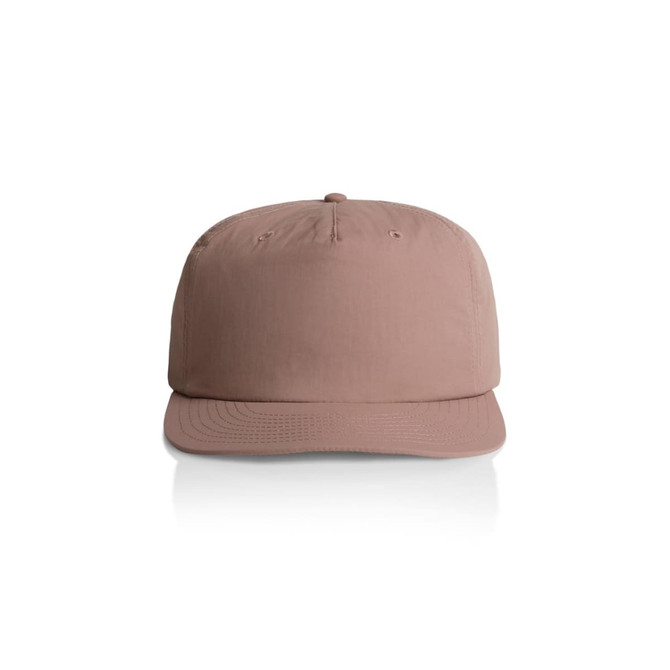 A beige cap with a flat brim and a logo on the front. The fabric appears lightweight and smooth.