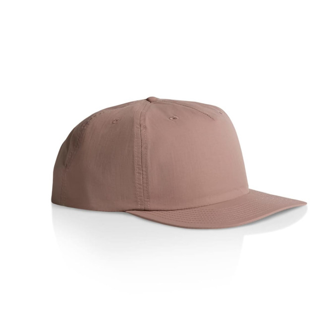 A soft pink cap featuring a flat brim and a logo on the side, perfect for casual wear.