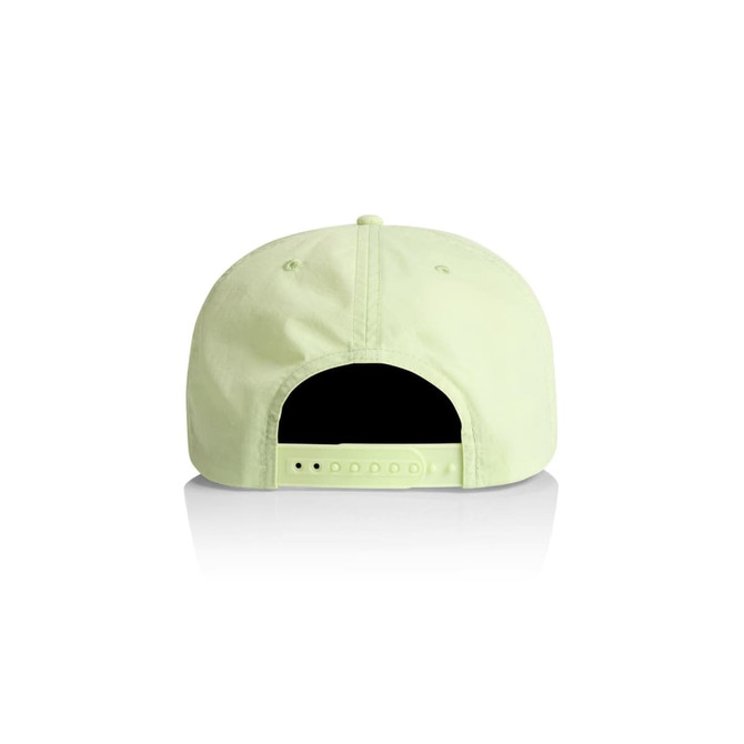 A light green cap featuring a branding logo and an adjustable strap at the back.