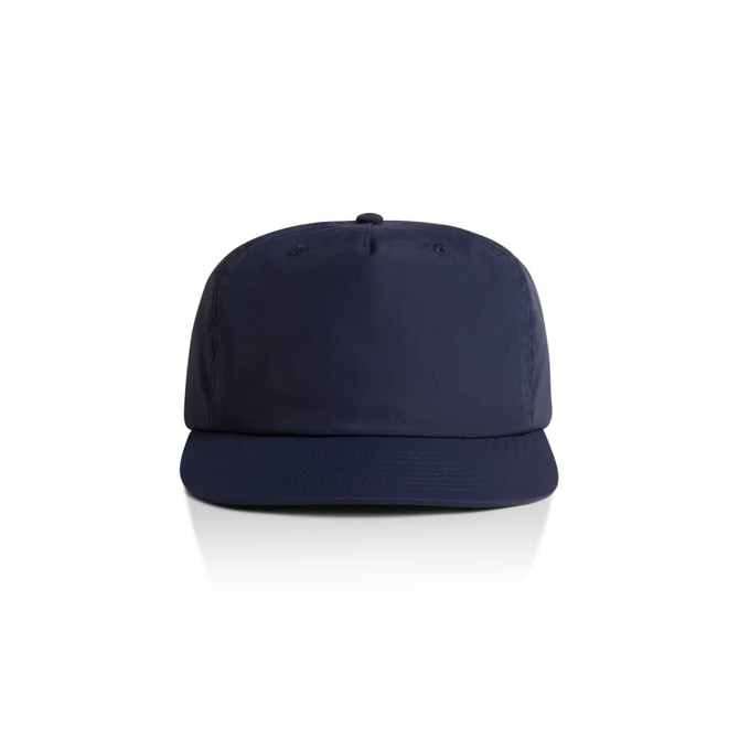 A navy blue cap with a structured design and a curved brim, featuring a logo on the front.