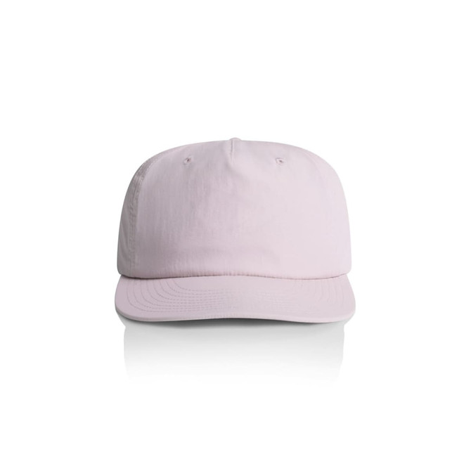 A pink cap with a flat brim and an adjustable strap at the back. It features a logo on the front.