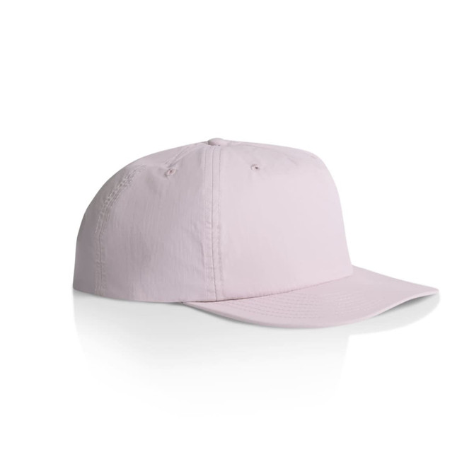 A light pink cap with a curved brim and a logo on the side, designed for headwear.
