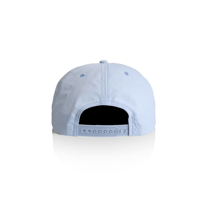 A light blue cap featuring a rear adjustable strap and a logo on the back.