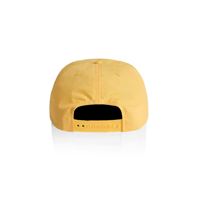 A yellow cap with a snapback closure and a plain black interior, featuring a logo on the back.