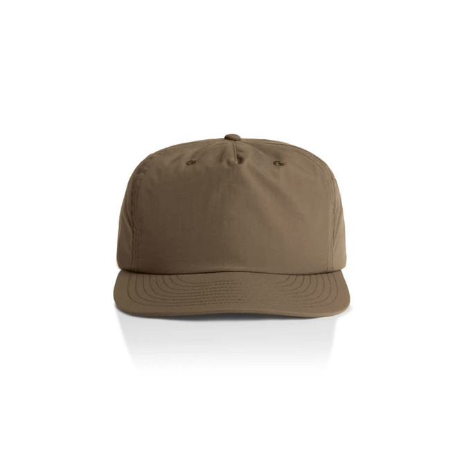 A brown cap featuring a logo on the front, designed for headwear use.