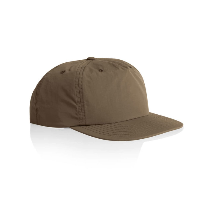 A brown cap with a flat brim and structured crown. The cap features stitching details and a logo on the side.