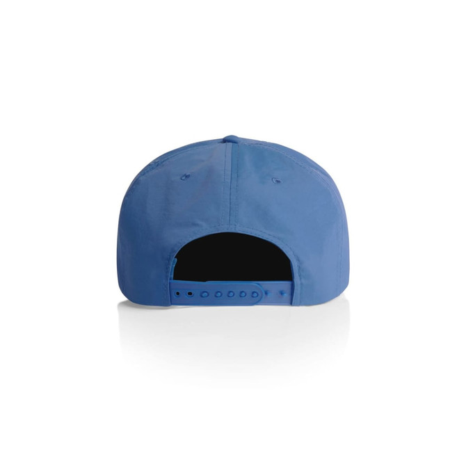 A blue cap with a flat brim and adjustable strap at the back, featuring a logo on the side.