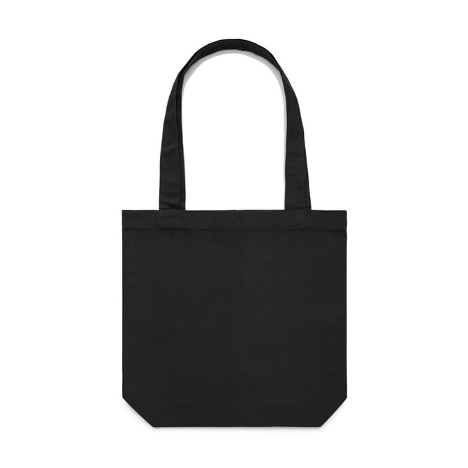A black tote bag with long handles and a square shape, featuring a simple design and branding.