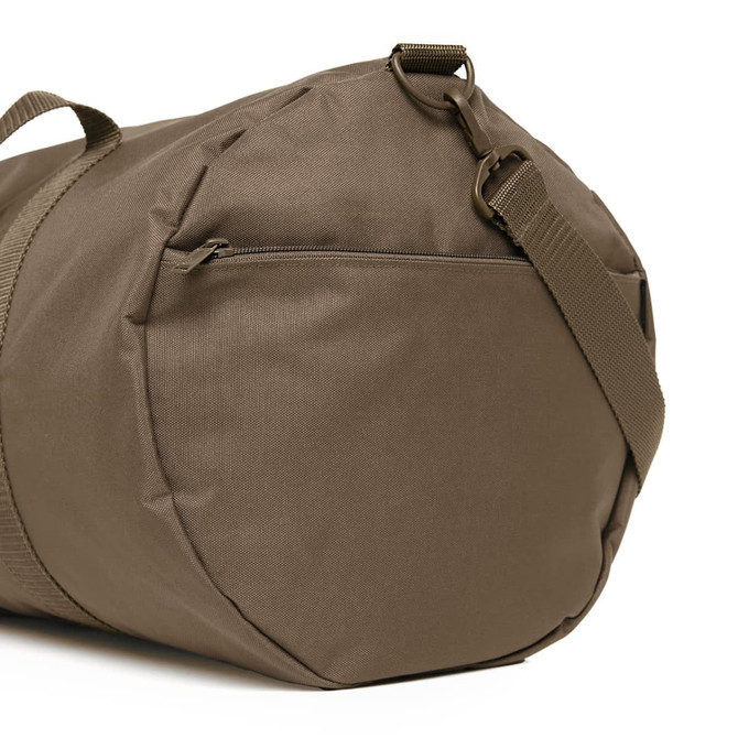 A brown duffel bag with a strap and a zipper pocket on the side, featuring a simple, sleek design.