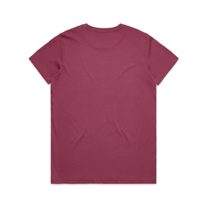 A maroon t-shirt with a standard crew neck and short sleeves, featuring a plain back and a logo on one sleeve.
