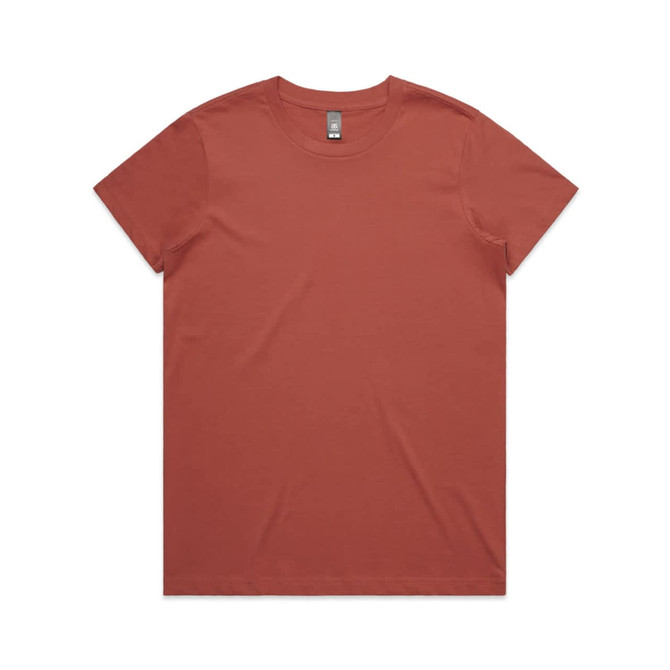 A rust-coloured T-shirt with a simple design and a tag at the neck. It features a logo on the label.