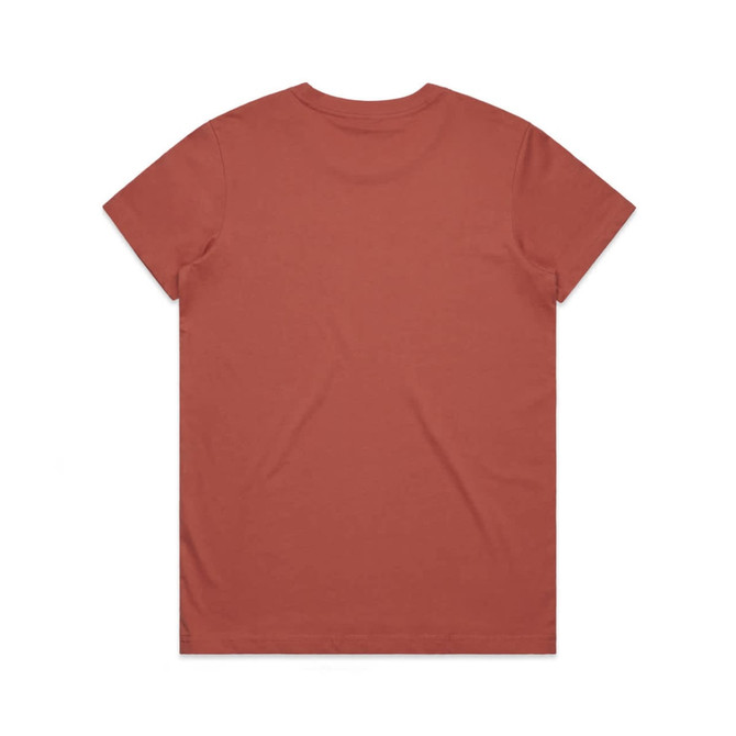 A plain back view of a rust-coloured T-shirt with short sleeves. It features a brand logo.