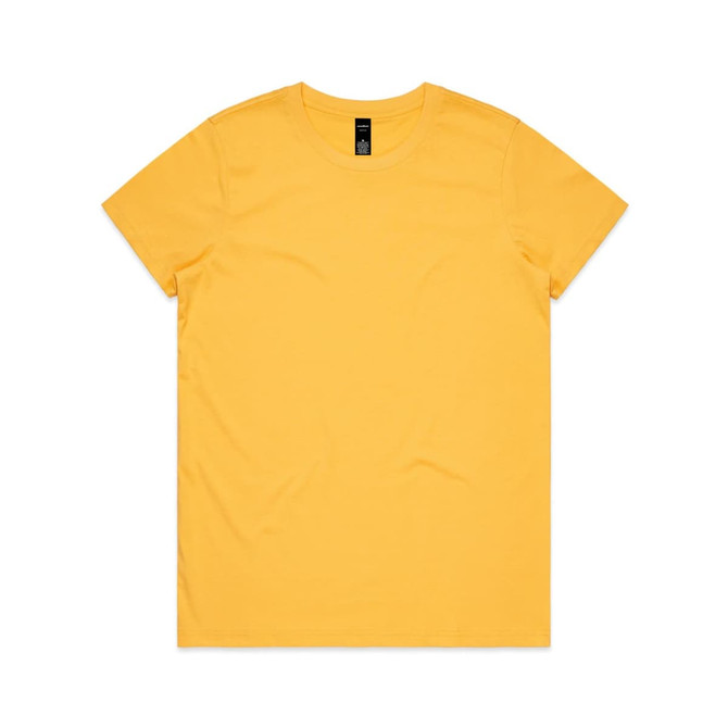 A yellow t-shirt with a round neck and short sleeves, featuring a logo on the label.