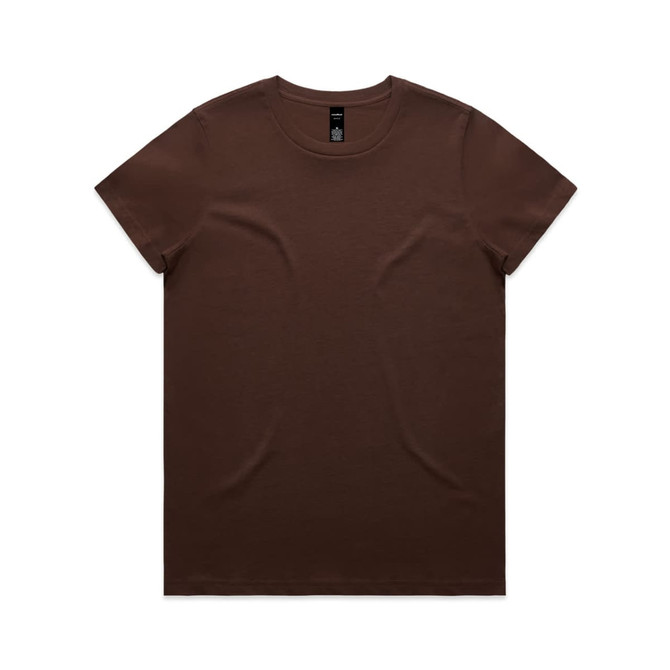 A brown T-shirt laid flat, featuring a simple design and a label at the neckline.