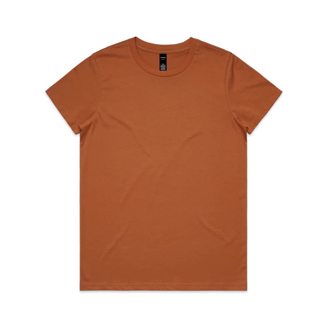 A plain t-shirt in a warm, earthy orange colour. It has a round neckline and a minimalist design.