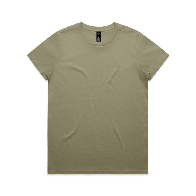 A plain olive green T-shirt with short sleeves and a round neckline, featuring a logo on the label.