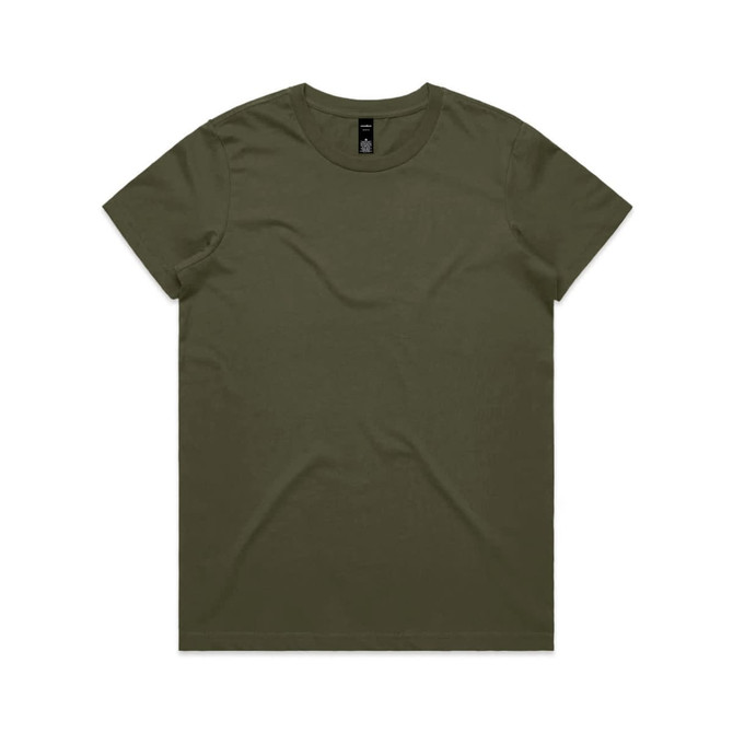 An olive green t-shirt featuring a round neckline and a branding label at the neckline.