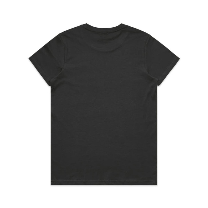 A black t-shirt with a round neckline and short sleeves, featuring a logo on the back.