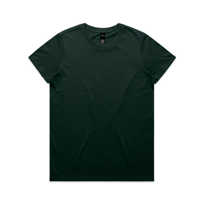 A dark green T-shirt with a crew neckline and short sleeves, featuring a logo on the neck label.