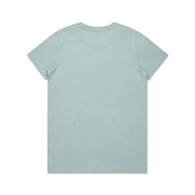 A light blue T-shirt featuring a simple design and a logo on the back.