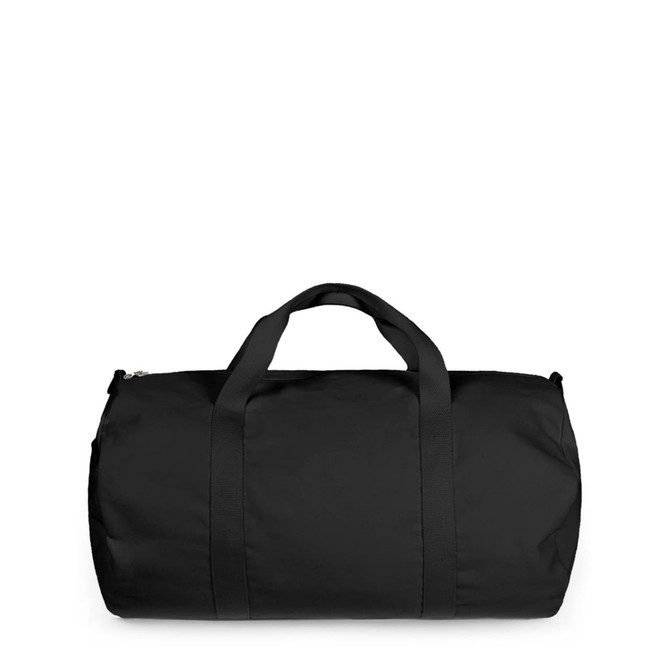 A black canvas duffel bag with dual handles and a zip closure. It features a simple, unbranded design.