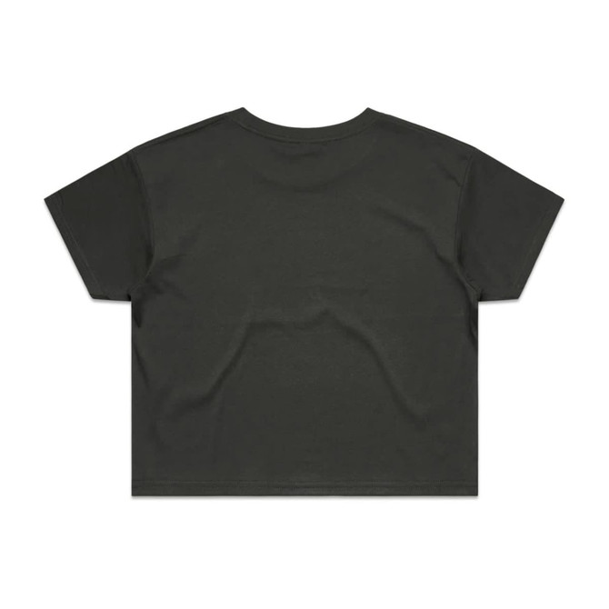 A cropped t-shirt in dark green, featuring a simple design and loose fit, with a logo on the back.