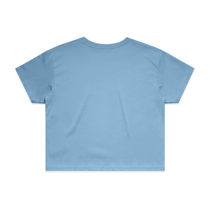 A light blue crop tee featuring a simple design and an unmarked back. It has a relaxed fit and short sleeves.