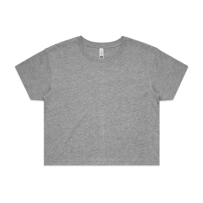 A grey crop tee with short sleeves and a round neckline, featuring a logo on the label.