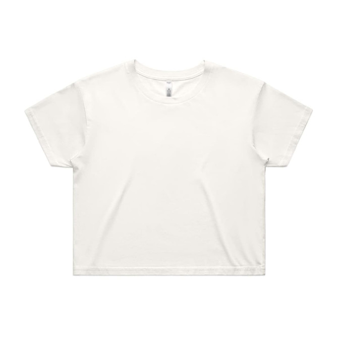 A white crop tee with a relaxed fit. The shirt features short sleeves and has a logo.