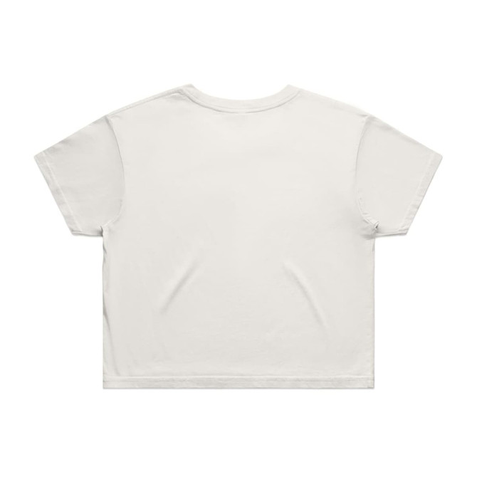 A white crop tee with a relaxed fit, featuring short sleeves and a simple design. It has a brand logo.
