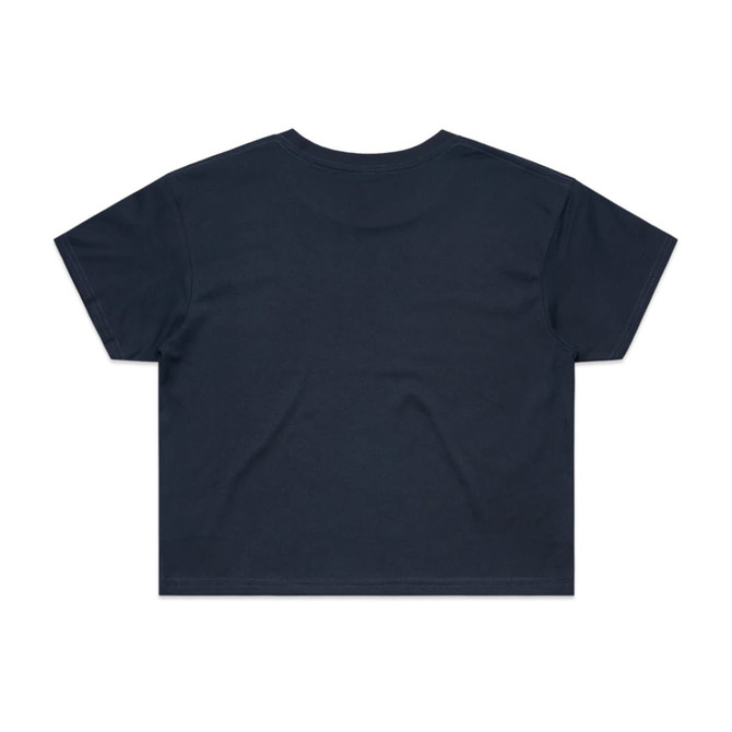 A navy blue crop tee with short sleeves, featuring a simple design and no visible graphics on the back.