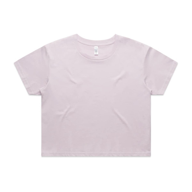 A cropped tee in a light lavender colour with a round neckline and short sleeves, featuring a brand logo.