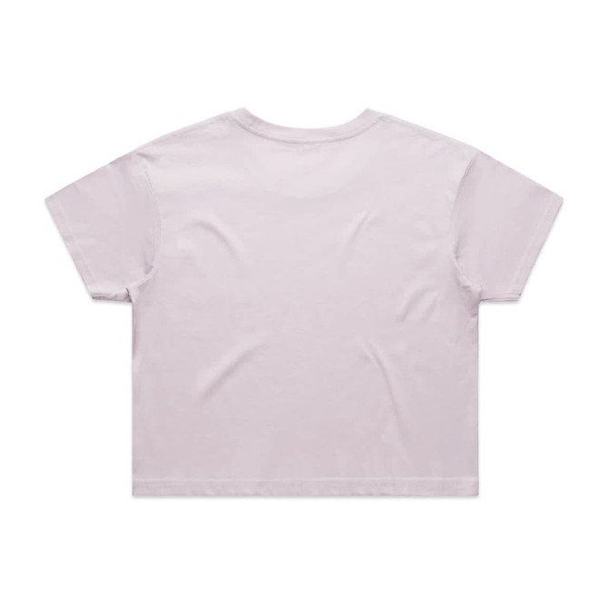 A light pink crop tee with short sleeves and a plain back, featuring a logo.