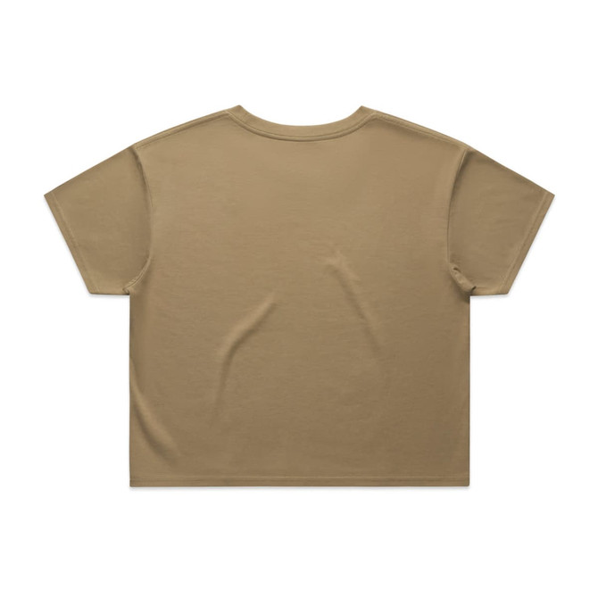 A beige crop tee with a relaxed fit and short sleeves, featuring a plain design on the back.
