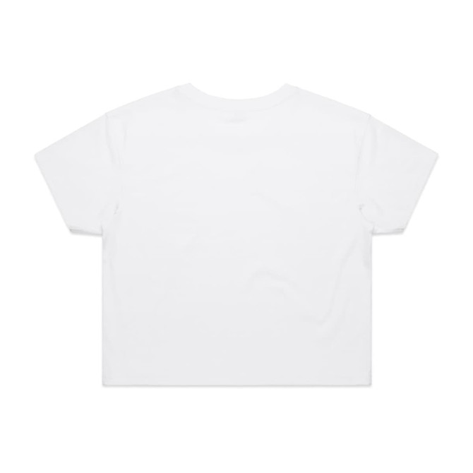 A white crop tee with a simple design and short sleeves, featuring a logo on the back.