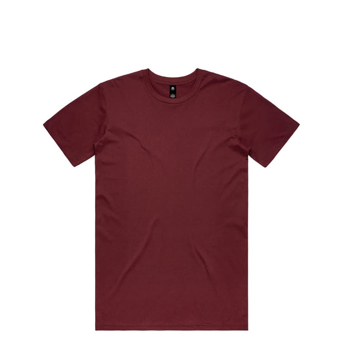A maroon t-shirt featuring a crew neckline and short sleeves. It has a logo on the label.