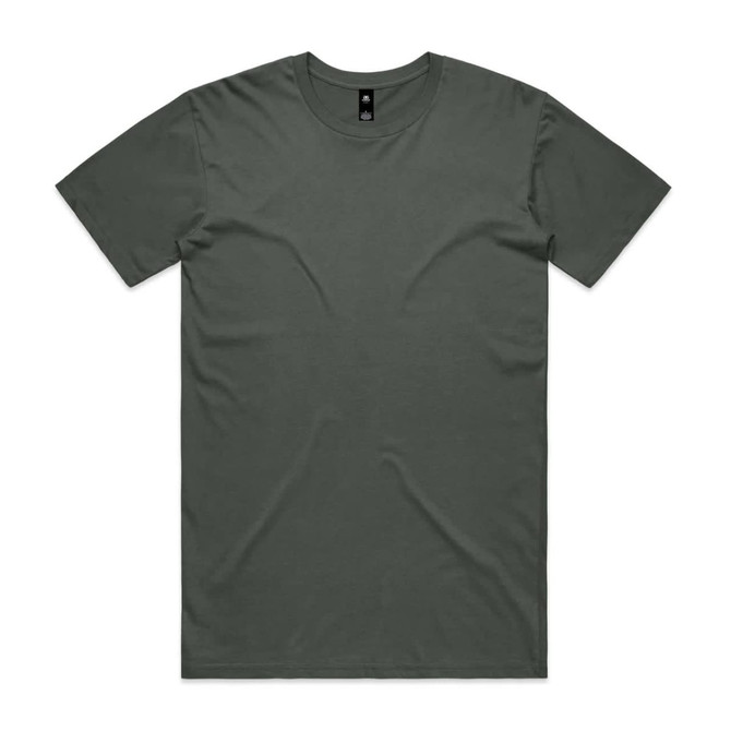 A plain dark green t-shirt with a crew neck and short sleeves, featuring a logo on the collar.