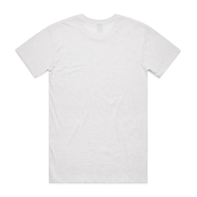 A plain white T-shirt with a simple design, featuring a crew neck and short sleeves. It has a logo on the back.