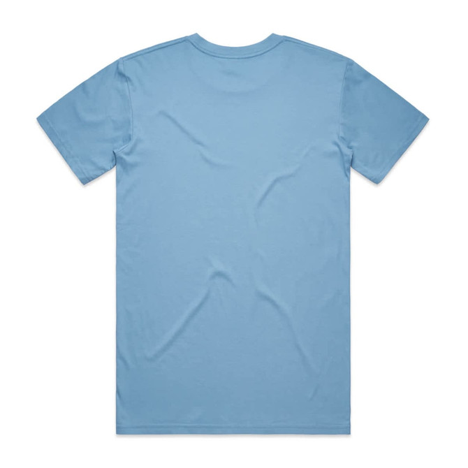 A light blue T-shirt with short sleeves and a plain back. It features a logo at the neckline.