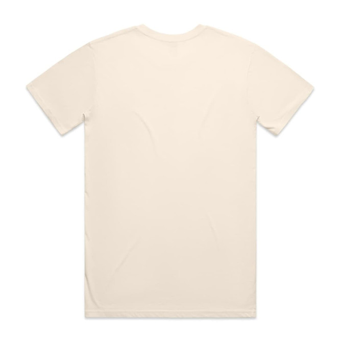 A beige, short-sleeved T-shirt with a plain back. It features a branding logo.