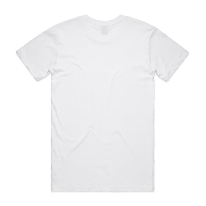A plain white T-shirt with a round neckline and short sleeves, featuring a logo on the back.