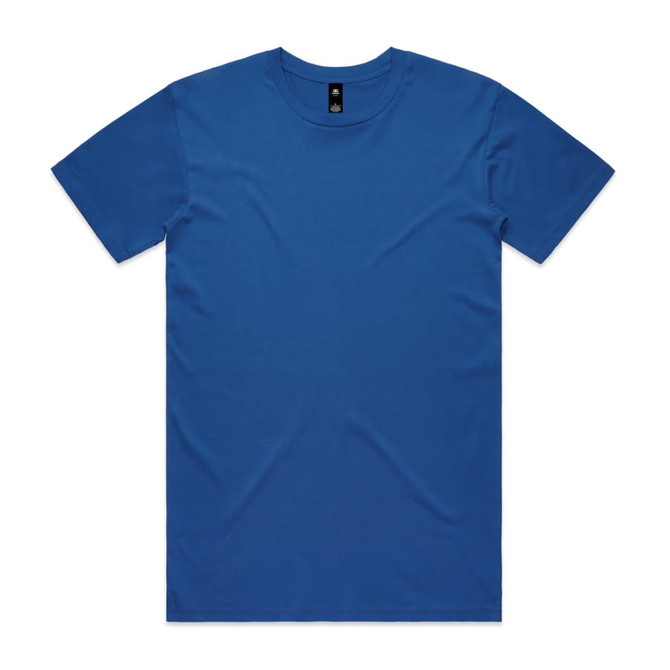 A blue t-shirt displayed flat, featuring a simple design and a logo at the neckline.