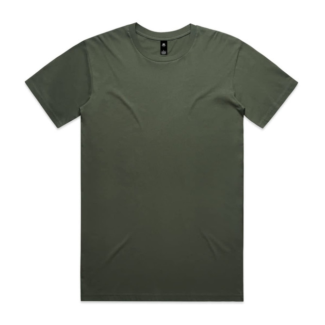 An olive green t-shirt with a crew neck and short sleeves, featuring a logo on the label.