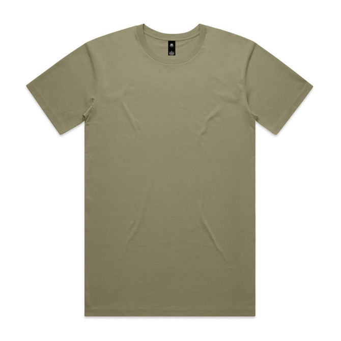 An olive green T-shirt featuring a crew neck and short sleeves, with a logo on the label.