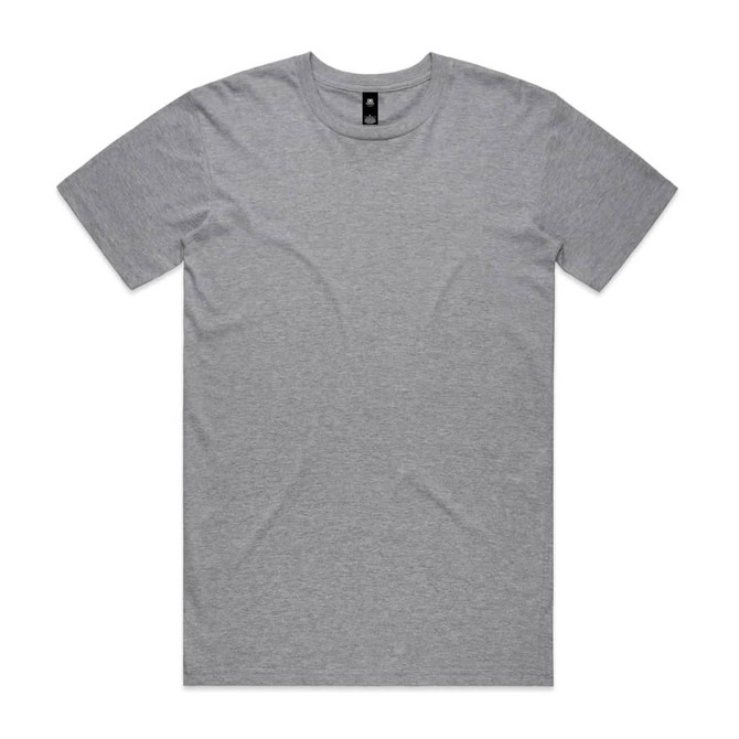 A grey T-shirt with a round neck and short sleeves, featuring a logo on the neckline.